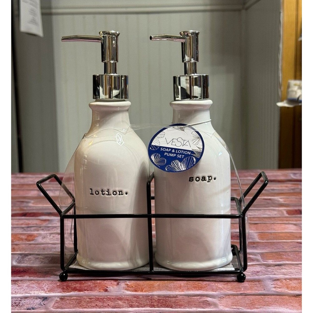 Vesta 2-Piece White Ceramic Soap Dispenser Set w/ Chrome Pumps, Free Standing